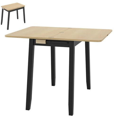 GiantexUK Dining Table, Rectangle Kitchen Table with Foldable Tabletop, Storage Compartment, Handle & Anti-Slip Foot Pads, Space-Saving Rubber Wood Table for Home Dining Living Room