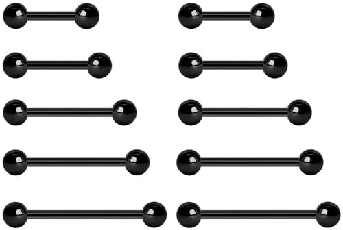 NewkeepsR Stahl 5 Paar 2,0mm Chirurgenstahl Außengewinde schwarz plattiert Zungenring Nippel Langhantel Bar Body Piercing 8mm 10mm 12mm 14mm 16mm