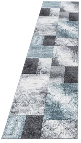 Kurzflor Teppich Hara Läufer, Farbe: Blau, Größe:80x300 cm