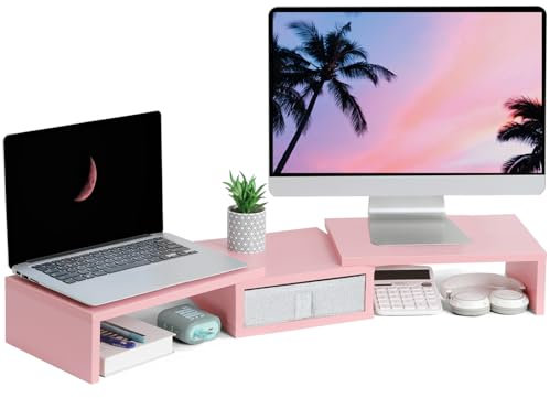TEAMIX Double support de moniteur rose avec tiroir – Longueur et angle réglables – Double étagère de bureau d'angle 94 cm pour 2 ordinateurs portables/PC/écran/TV