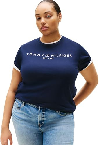 Tommy Hilfiger Damen T-Shirt Kurzarm Curve Regular Logo Rundhalsausschnitt, Blau (Dark Night Navy), 48