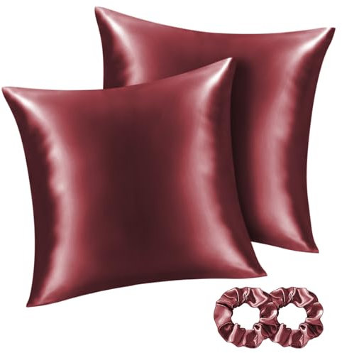 BEDELITE Satin Kissenbezug 80x80 Rot - Kopfkissenbezug 2er Set Weich wie Seidenkissenbezug 80 x 80 Sommer mit 2 Haargummis für Haar und Haut, Similar to Silk Pillowcase Pillow Cover
