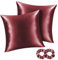 BEDELITE Satin Kissenbezug 80x80 Rot - Kopfkissenbezug 2er Set Weich wie Seidenkissenbezug 80 x 80 Sommer mit 2 Haargummis für Haar und Haut, Similar to Silk Pillowcase Pillow Cover
