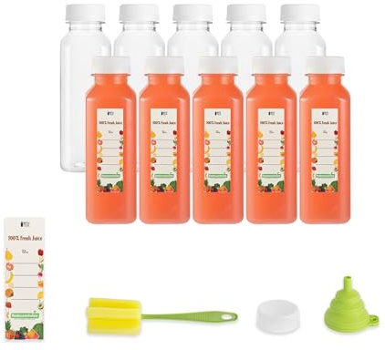 Restaurantware-Bottle Tek 12 Ounce Juice Bottles For Juicing, 100 Square Bottles With Caps - Includes 100 Labels, 10 Brushes, And 10 Funnels, Clear Plastic Empty Juice Containers, For Smoothies