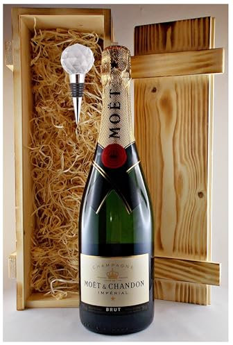 Geschenk Champagner Moet & Chandon Brut Impèrial + Flaschenverschluß in geflammter Holzkiste