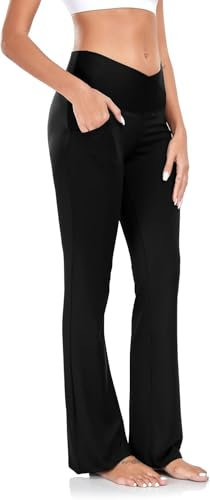 Yogahose Damen mit Taschen Blickdicht Cross V-Taille Bootcut Jogginghose Schlaghose Fitnesshose Fitnes Schwarz M