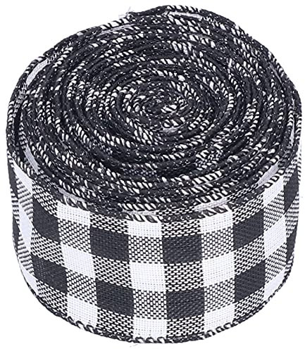 5 M Kariertes Band, Weihnachtliches Dekoband mit Drahtrand, Schwarz-weißes Gingham-Geschenkband für DIY-Basteldekoration (Schwarz und weiß)