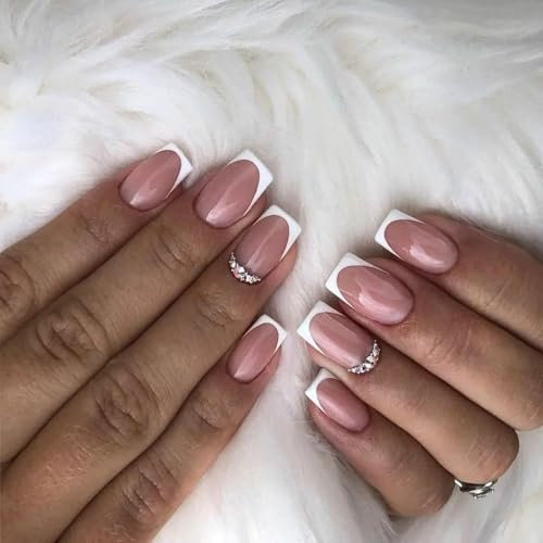 DMQ French Press on Nails With Glue, 24Pcs Short Square False Nails With Crystal, Full Cover Stick on Tips for Women Girls Valentines Days Art