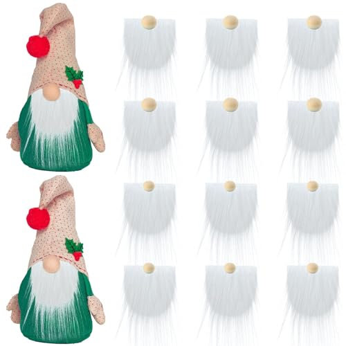 SALGIA 12 Stück Wichtel Bart,Wichtelbart Gnomenbärte,Zwergenbart,mit 20 Holzkugeln Set,Wichtelbart Zum Basteln,Ostern Weihnachten Deko Wichtel Bart Basteln,für Weihnachtszwerg Zubehör (Weiß)