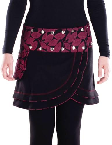 Vishes - Alternative Bekleidung - Warmer Damen Wickelrock Rock zum Wickeln mit Druckknöpfen Blätter schwarz 34-40