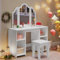 WOLTU Tavolo da Toeletta per Bambini con Sgabello, Specchio Triplo Rimovibile, Toeletta Trucco con 4 Scomparti Aperti, Ripiani Regolabili, Tavolino Cosmetico per Ragazze, Bianco, MDF, MB6120ws