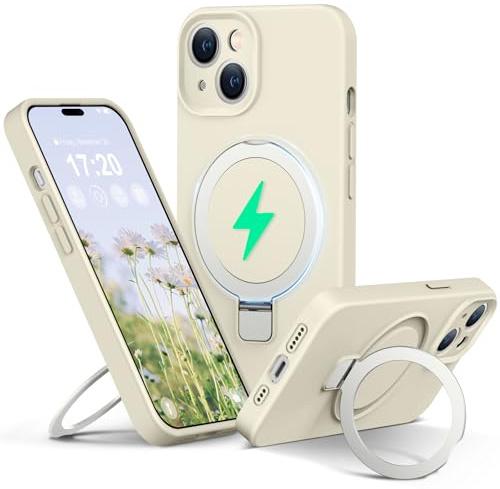 PuyaTeya Silicone Hülle für iPhone 15 mit Magnet ständ,Beige | Upgraded Kameraschutz Mil-Grade Drop Shockproof Anti-Scratch Microfiber Lining Silikon hülle