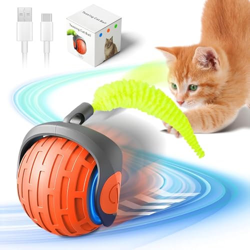 Sprifityy Katzenspielzeug Elektrisch Katzenball mit LED Licht, Interaktives Katzenspielzeug Ball, 360° mit Ersatzschwanz Selbstdrehender, USB Wiederaufladbarer, Lustiges Bälle Spielzeug