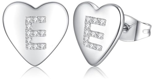 Ohrringe Silber 925 Ohrstecker Silber 925 für Damen Mädchen Kinder, Klein Herz Ohrringe Silber Buchstaben Ohrstecker mit Zirkonia, Schlafen Knorpel Ohrstecker 10mm (silber-E)