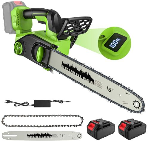 Motosega a Batteria 16 Pollice, Motosega Elettrica Senza Fili con 2 Batterie 4,0 Ah, Motore Brushless et Schermo LCD, Lubrificazione Automatica & Tensione a Catena Senza Strumento, per Taglio Legno