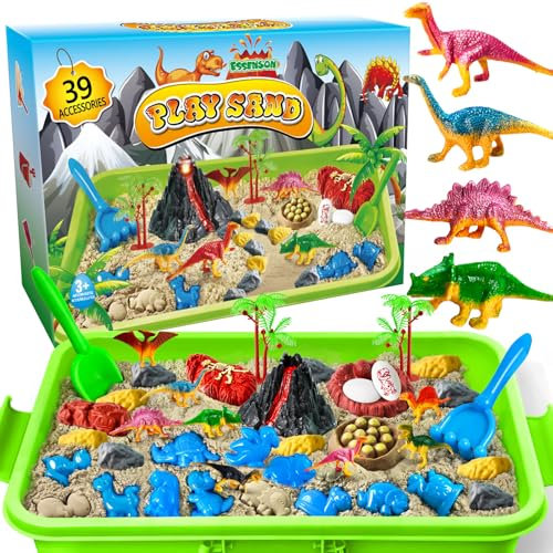 ESSENSON Sensory Bin, Dinosaurs Kit with Sensory Sand, Play Sand Pretend Play Beach Toy, Sandbox for Girls and Boys