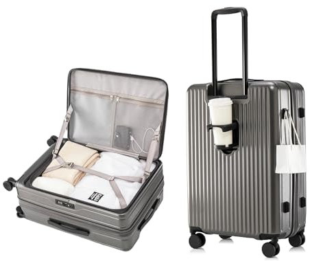 yuweijie Valise Cabine · Bagage Polyvalent · Valise Rigide ABS + PC · Extensible · 4 Roues · TSA · Valise Multifonction avec Porte-gobelet intégré et Support pour Smartphone(S-54,5 cm, 40L, Gris)