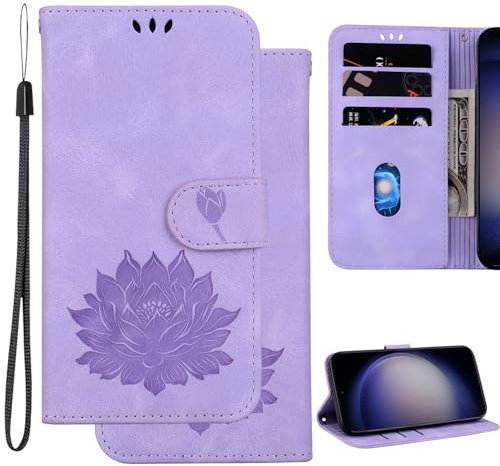 Ammeer Coque pour LG V40 ThinQ, Relief Lotus Modèle Magnétique Flip Folio Cover Téléphone Housse Étui Wallet Portefeuille Case PU Cuir Supporter - Lavande
