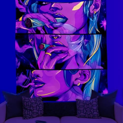 WEBEEDY Schwarzes Licht Trippy Wandteppich Hübsches Mädchen Wandbehang UV Reaktiv Cool Anime Party Hintergrunddekoration Leuchten Im Dunkeln Für Zuhause Fotoshooting Requisite (150x130cm)