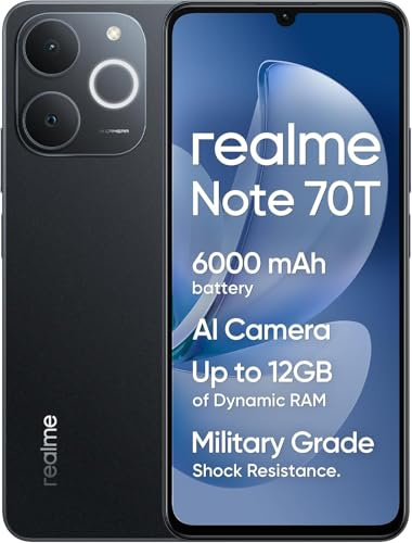 realme Note 70T Smartphone, 4+128GB, Batería 6000mAh, Carga rápida 15W, Pantalla HD 6.75 Pulgadas 90Hz, Cámara 18MP, Chipset Octa-Core T7250, Next AI, IP54, Sin Cargador - Negro