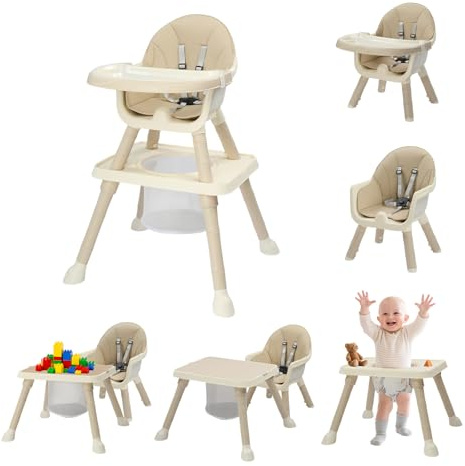 BONNLO Chaise Haute Bébé Évolutive, Confort Rembourré, avec Plateau Double, 6 mois à 3 ans, 6 à 15 kg, pliage ultra compact, légère(4,9kg) (Beige)