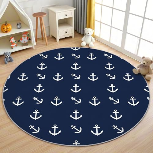 AevuCub Nautischer Anker Teppich Rund 120cm Kurzflor - Waschbare Teppiche Wohnzimmer Maritimes Nautisch Anker-Motiv - Runder Teppich 120 Durchmesser - Bettvorleger Schlafzimmer rutschfest Weich