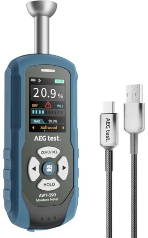 AEGTEST AWT-590 Misuratore di Umidità per Legno Senza Aghi Ricaricabile per Cartongesso, Muratura & Legno, con Allarme Regolabile, Registrazione Dati e Design Emisferico Metallico Unico