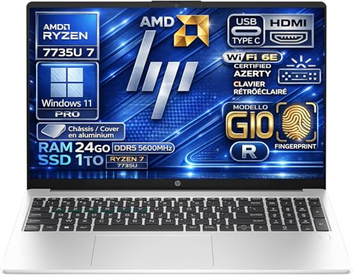 HP 255R G10 Ordinateur Portable AMD Ryzen 7 7735U 4.75 GHz, RAM 24Go DDR5, SSD 1To, Écran 15.6 FHD, Châssis Aluminium, WiFi6E, Caméra 1080p, Clavier AZERTY Rétroéclairé, Empreinte Digitale, Win11 Pro