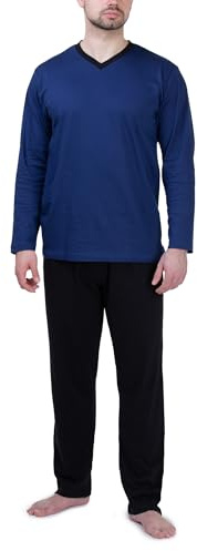 Moonline Herren Schlafanzug lang 100% Baumwolle | Pyjama von Größe M bis 6XL aus weichem Baumwolljersey, langes Homewear-Set gestreiftes Shirt mit V-Ausschnitt, Gummizugbund