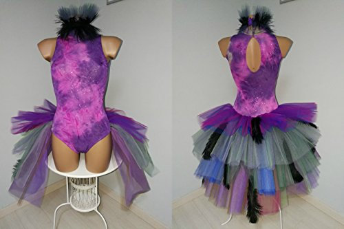 Body Scollo Americano in Lycra con Brillantini E Coda di Tulle E Collo Staccabile di Tulle (Grigio/Fucsia, 5(46))