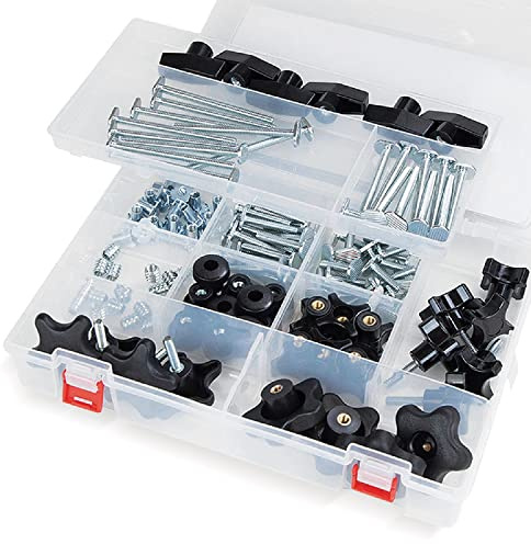 POWERTEC 71128 128-teiliges Set T-Track-Knauf-Set, 5/16-Zoll-18 Gewindebolzen und Unterlegscheiben, T-Schienen-Schrauben, T-Schienenzubehör für Holzbearbeitungsvorrichtungen und Vorrichtungen