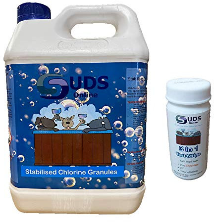 SUDS-ONLINE Quality Chlorine Granules 5kg Hot Tub Spa Swimming Pool + Chlorine Testing Strips