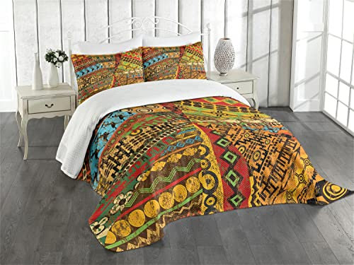 ABAKUHAUS afrikanisch Tagesdecke Set, Grunge Motive, Set mit Kissenbezügen Waschbar, für Einzelbetten 170 x 220 cm, Rot Self