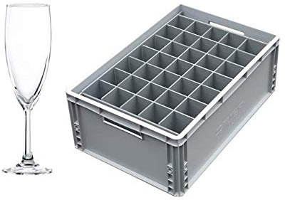 Glassjacks Champagne Glasses Flutes - 35 x Catering Quality Tempered Champagne Flutes and 1 x Glassware Tough Storage Crate and Lid Pack-Stack-Store & Safely Deliver!