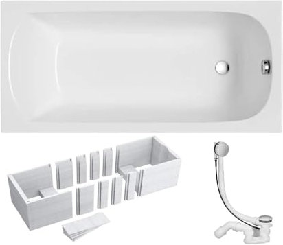 VBChome Badewanne 130x70 cm Acryl SET 3in1 Wannenträger Siphon Wanne Rechteck Weiß Design Classic Styroporträger Ablaufgarnitur in Chrom 1 Personen (130x70)