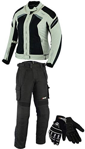 BOSmoto DAMEN MOTORRADKOMBI JACKE + HOSE + HANDSCHUHEN - BIKE MOTORRAD ROCKER TOURING in verschiedenen farben (S, Grau)