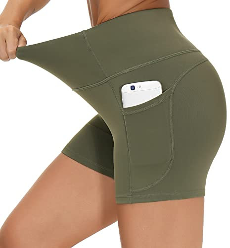 THE GYM PEOPLE Radlerhose Damen Sport Hohe Taille Kurze Leggings Sporthose Blickdicht Laufhose Fitness Workout Yoga Shorts mit Tief Taschen,Olive Green,XL