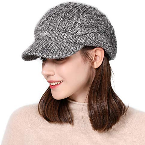 Fancet Damen gestrickte Barett Mütze Dicke Strickmütze mit Visor Baskenmütze Schirmmütze Schwarz-grau