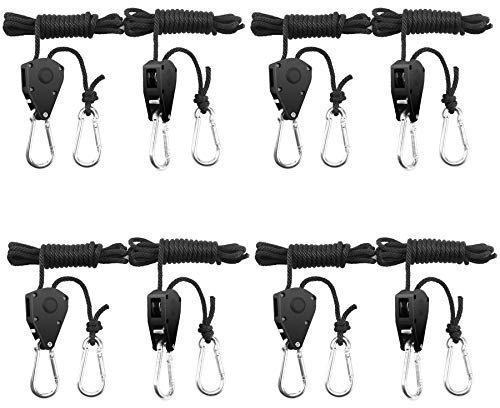 BOSYTRO 4 Paar(8 Stück) 1/8 Zoll Ratchet Hanger Heavy Duty Einstellbare Ratsche Seil Aufhänger Verstellbarer Seilaufhänger für Grow Light Armaturen Pflanzenlampe Gartenarbeit, 68kg Tragkraft pro Paar