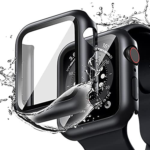 Funda Impermeable para Apple Watch 44mm Series 6 5 4 SE con Protector de Pantalla Cristal Templado, PC Case HD Vidrio Protector Ultra-Thin Cover Protección Completa Carcasa para iWatch 44mm, Negro