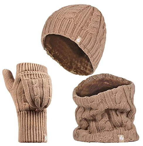 HEAT HOLDERS - Ladies thermal winter warm fleece cable knit Hat, Neck Warmer and Converter Gloves set (Beige)