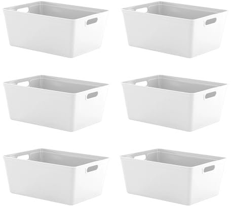 simpa 11L 11 Litre Plastic Storage Basket Studio Organiser Trays with Handles - White, Set of 6 Trays - 15.5cm (H) x 35cm (L) x 25cm (W)