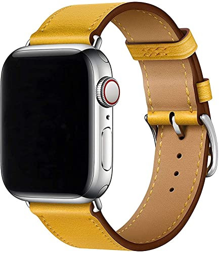 Fleshy Leaf Compatible with Apple Watch Band Series SE 7 6 5 4 3 2 1 45mm 41mm 44mm 40mm 42mm 38mm, Genuine Leather Replacement Band for iWatch, Leather Apple Watch Strap (38mm/40mm/41mm, Yellow)