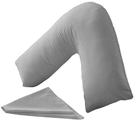 V Shaped Pillow with Free Thermal/Flannel V Pillowcase 100% Brushed Cotton Pillowcase Soft Warm Cosy ideal for Back & Neck Support, Maternity & Nursing Use Extra Filled Pillow 74 x 34cm (Grey)