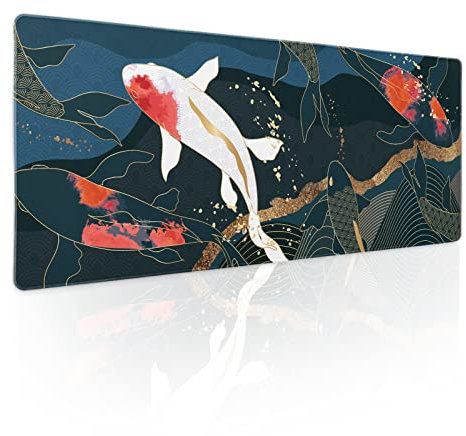 Japanese Anime Gaming Mouse Pad XL Red White Koi Fish Art Blue Gold Texture Extended Big Large Desk Mat Non-Slip Rubber Base Stitched Edge Long Keyboard Mousepad for PC Computer laptop,31.5×11.8 in