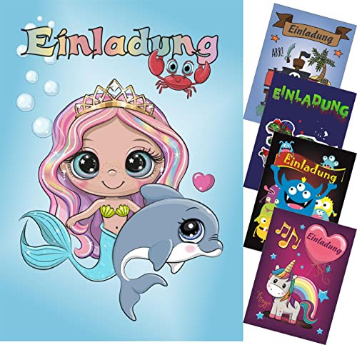 CMC imports 6 er Set Kinder Geburtstag Einladungskarten Piraten Einhorn Monster für Jungen & Mädchen vers. Motive ! (Meerjungfrau)