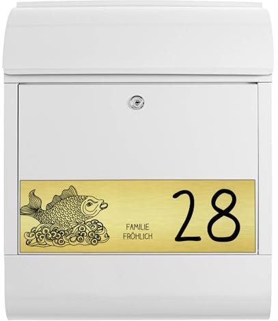 banjado® Briefkasten personalisiert mit graviertem Namensschild in Gold/Briefkasten weiß 39x47x14cm / Briefkasten mit Hausnummer, Namen & Motiv Fisch/Briefkasten mit Zeitungsfach