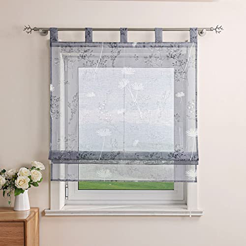 Delien Raffrollo Leinenoptik Transparente Rollos Landhaus Küche Gardine Modern Raffgardine mit Blumendruck »Löwenzahn« Schlaufenrollo für Klein Fenster mit Schlaufen BxH 100x140cm,Grau