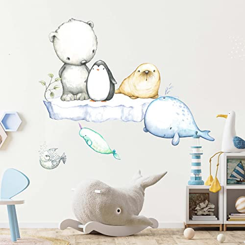 WANDKIND Polartiere Wandtattoo Kinderzimmer V358 | handgezeichnet | AUFKLEBER Kindergarten | Babyzimmer Wandsticker Eisbär Pinguin Wal Eisberg (40 x 40 cm)