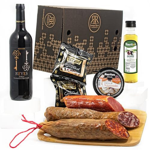 ENRIQUE RECH - Cesta Gourmet para Regalar - Vino Tinto Jumilla Reyes - Paquete Salchichón Ibérico - Chorizo Ibérico - Taco Lomo Duroc – Paté Sobrasada y Aceite Oliva Virgen Extra